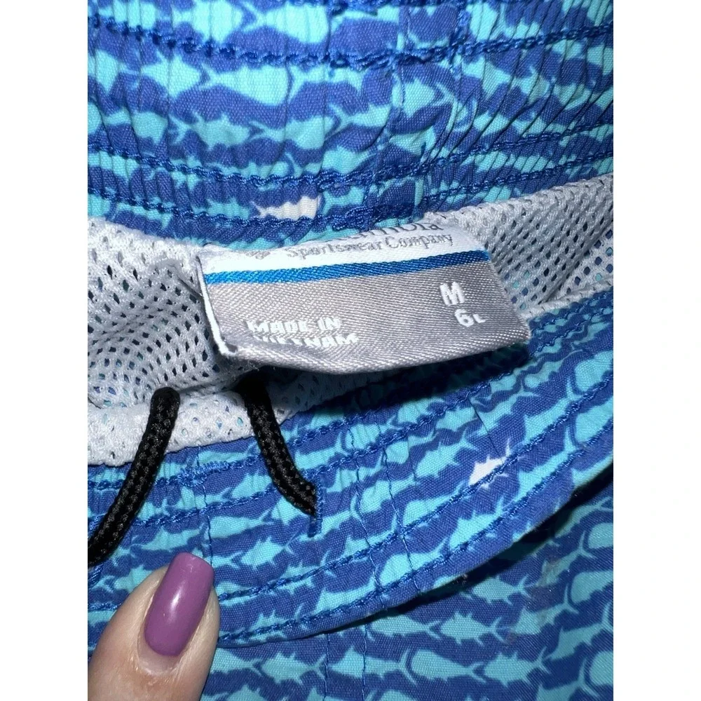 Columbia PFG Swim Trunks Men Medium Blue Drawstring Elastic Waist Lined Fish AOP